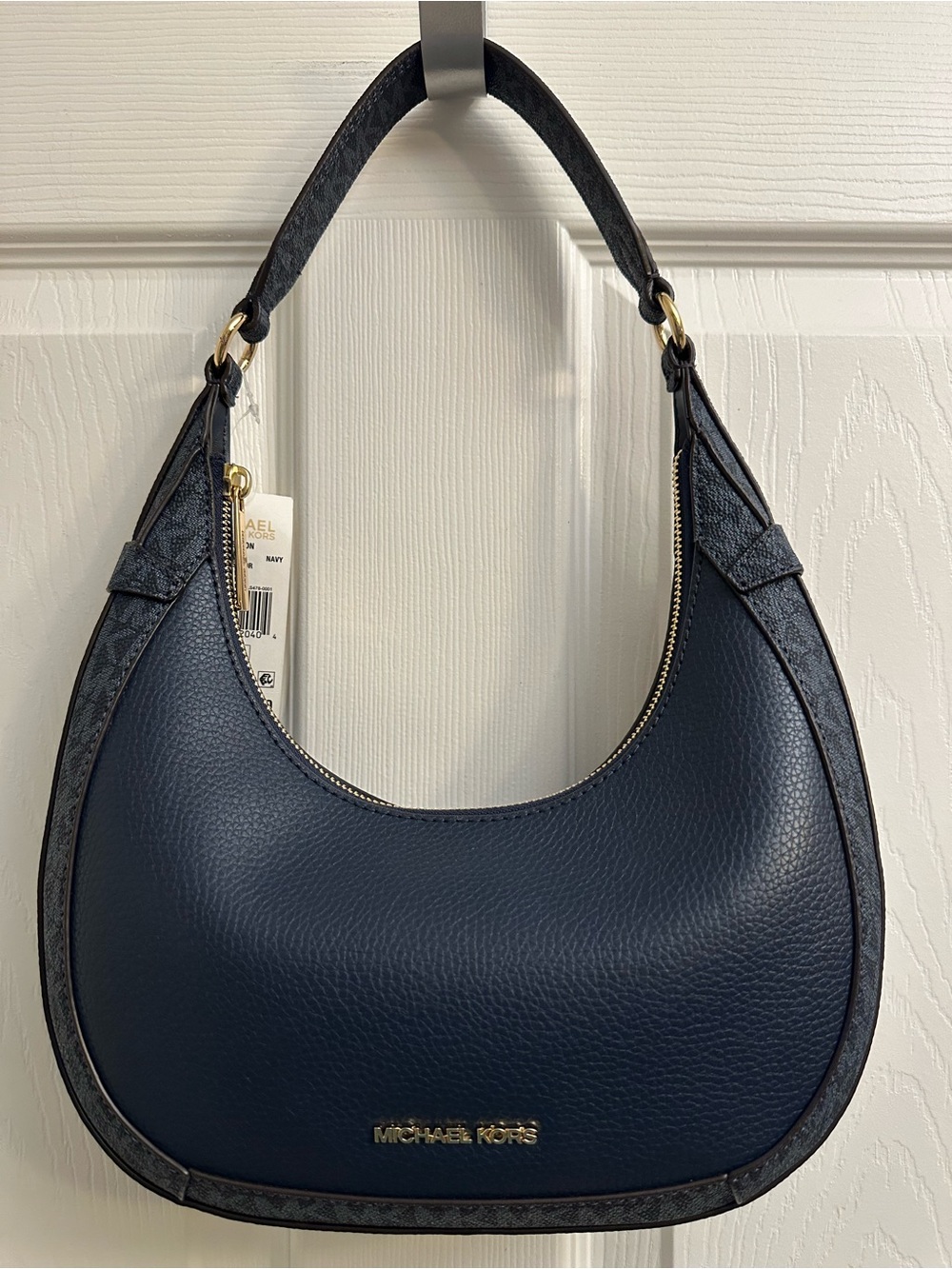 Michael Kors Navy Pebbled Leather Hobo with Gold-Tone Accents